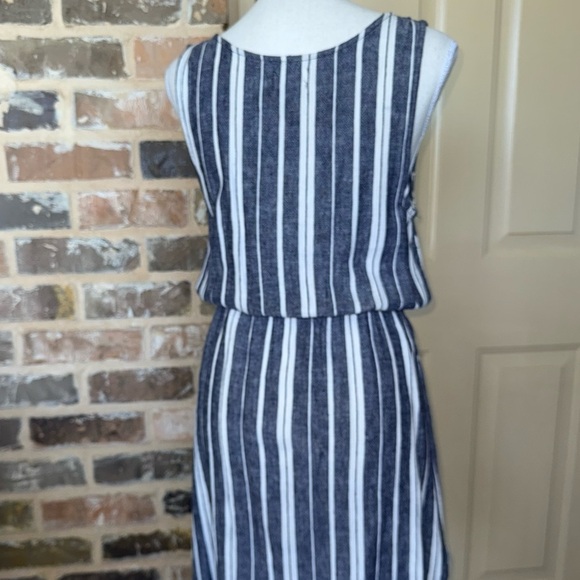 Old Navy Blue White Stripe Linen Blend Mini Dress Cinch Waist Drawstring Tie SzM - Picture 7 of 10
